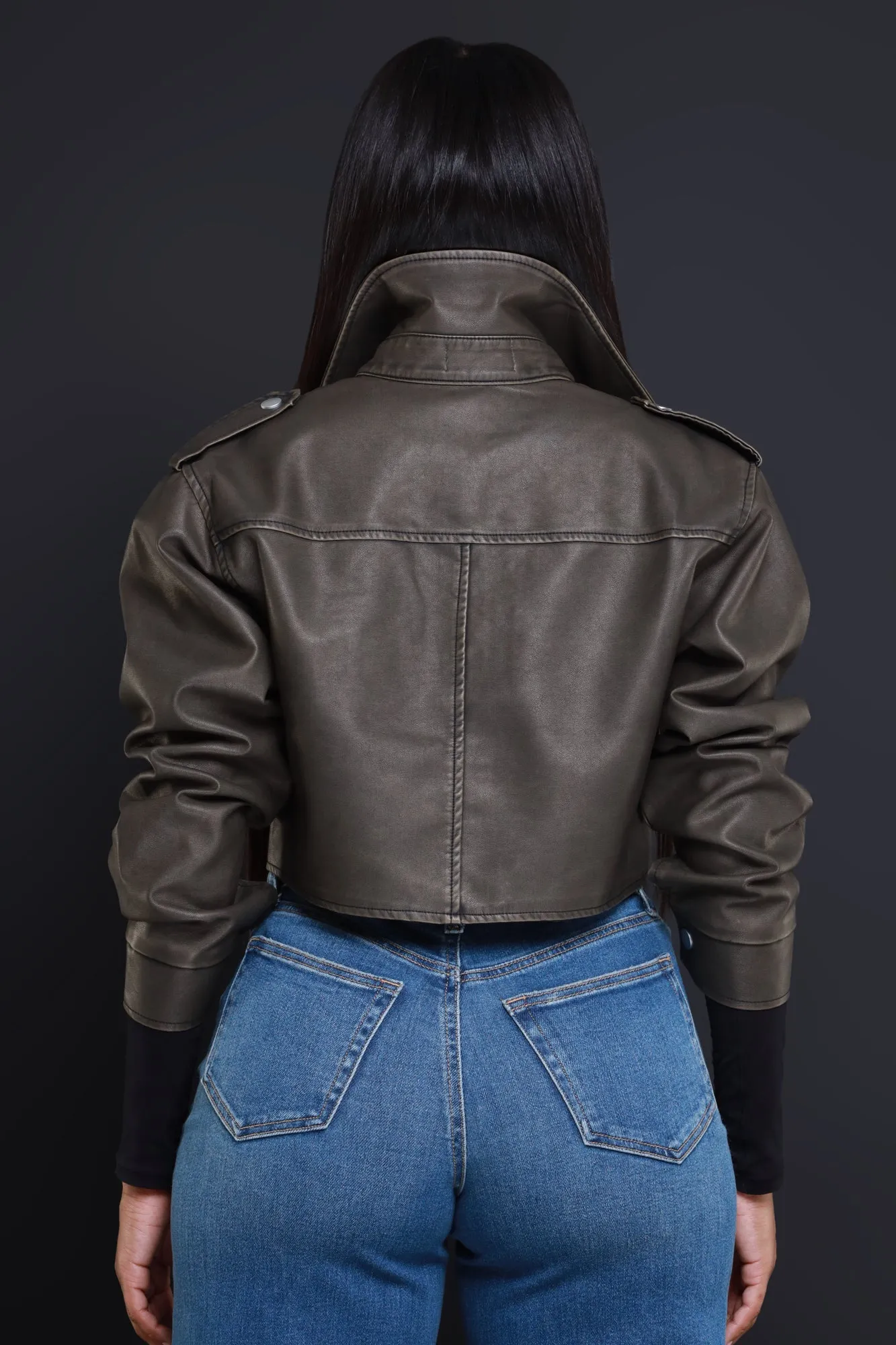 Panic Button Cropped Faux Leather Jacket - Vintage Olive sold by Swankaposh product image thumbnail 3