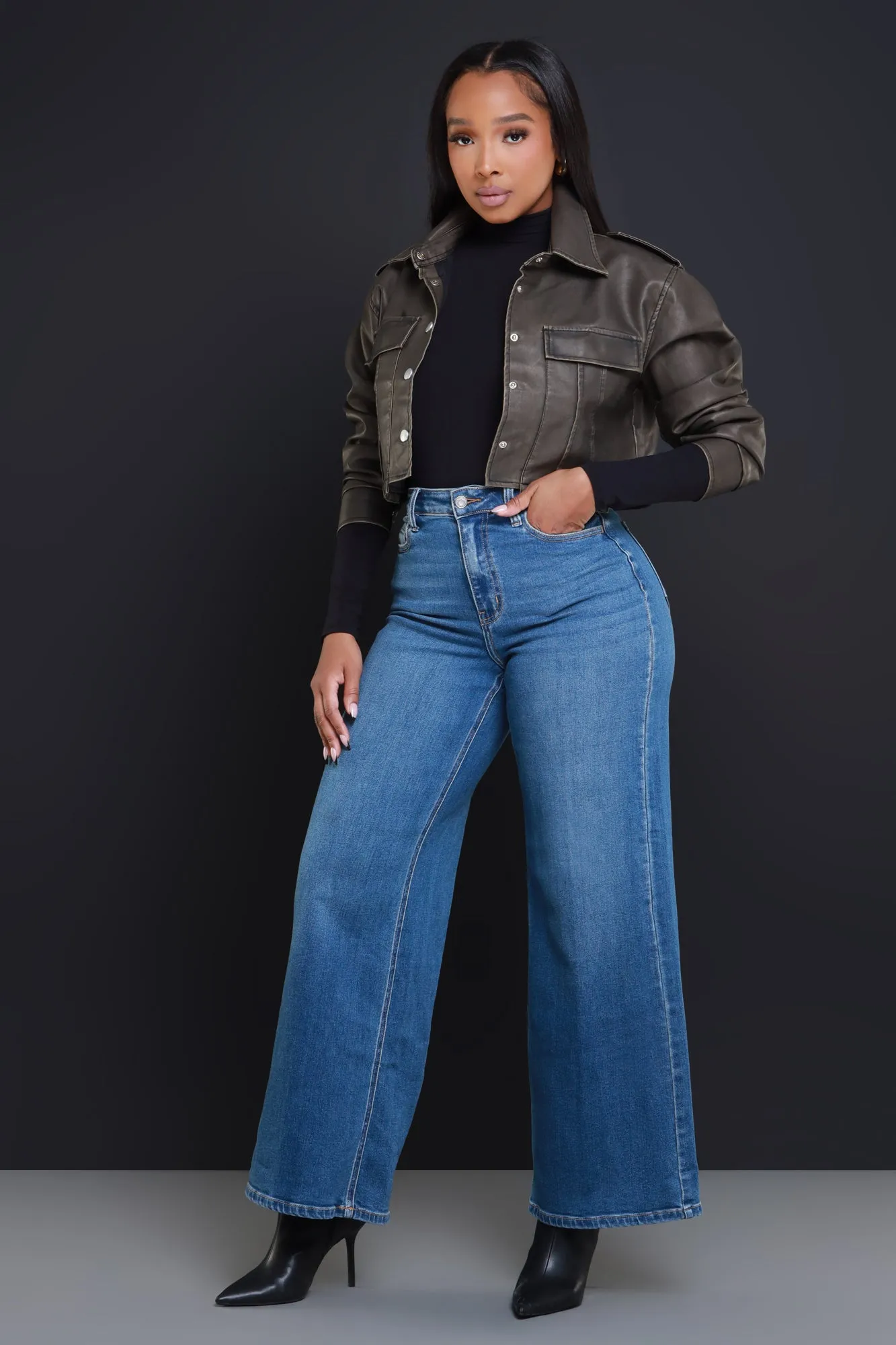 Panic Button Cropped Faux Leather Jacket - Vintage Olive sold by Swankaposh product image thumbnail 5