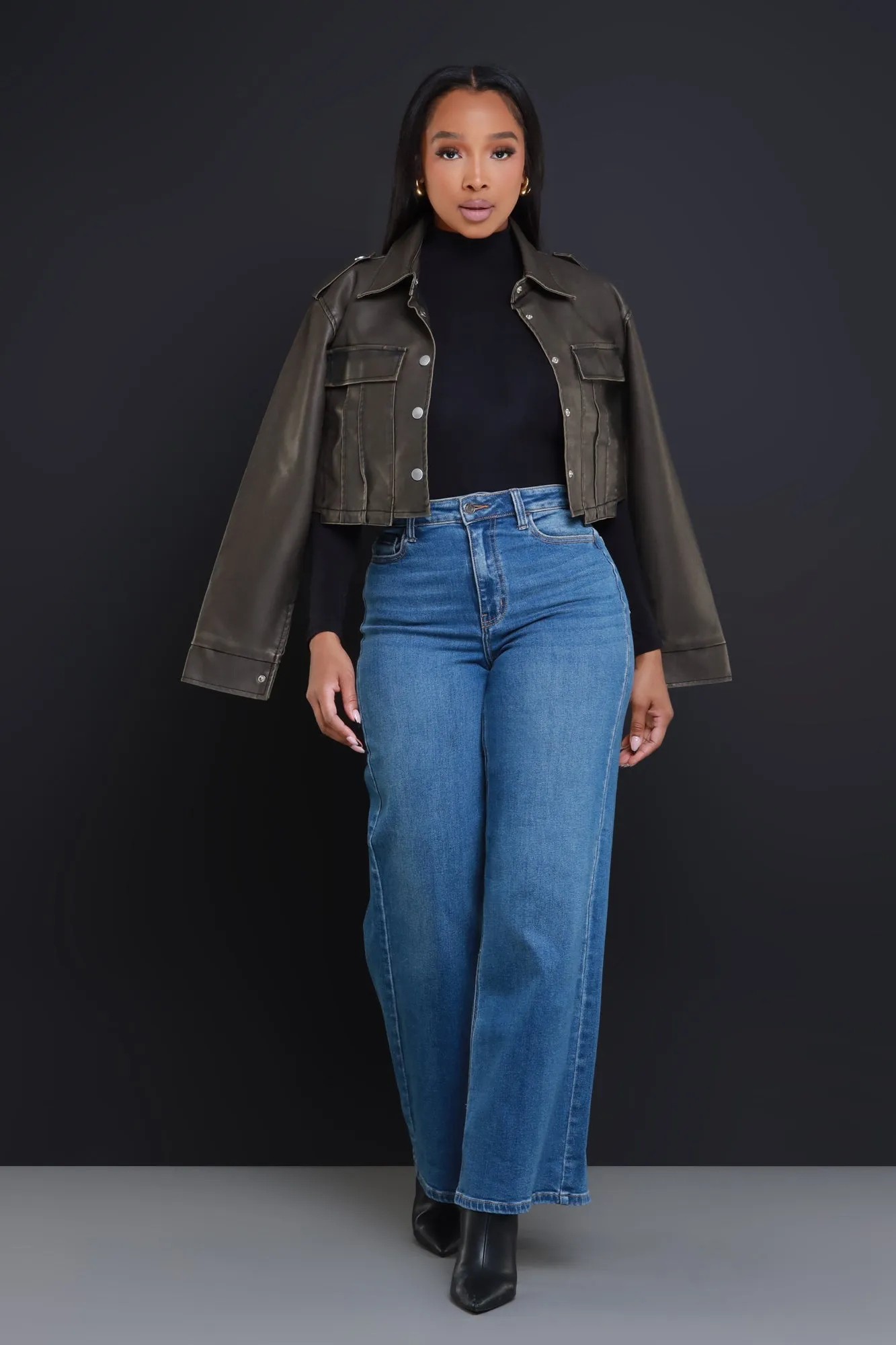 Panic Button Cropped Faux Leather Jacket - Vintage Olive sold by Swankaposh product image thumbnail 4