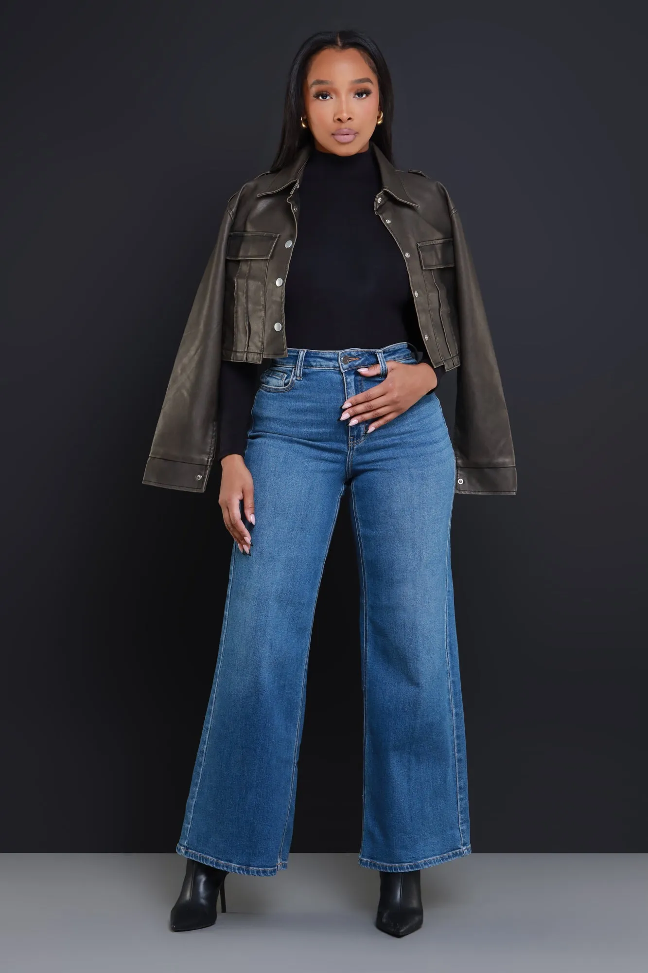 Panic Button Cropped Faux Leather Jacket - Vintage Olive sold by Swankaposh product image thumbnail 2