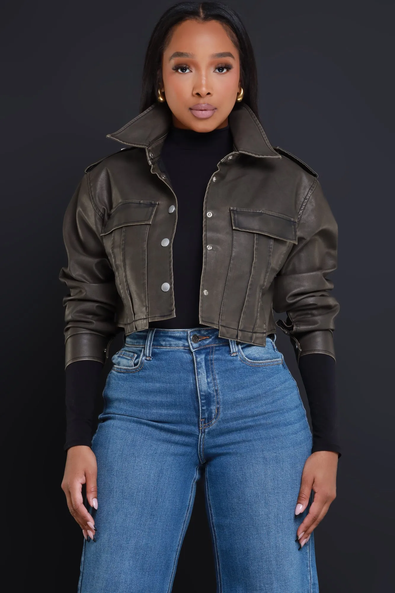 Panic Button Cropped Faux Leather Jacket - Vintage Olive sold by Swankaposh