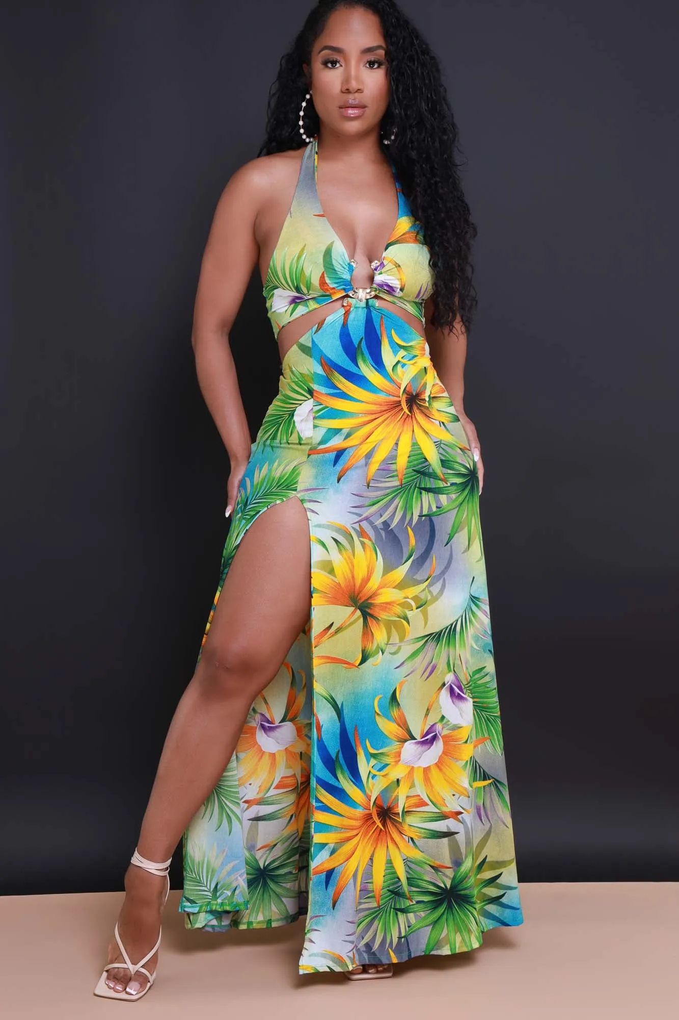 Hot Streak Tropical Print Halter Maxi Dress - Green sold by Swankaposh