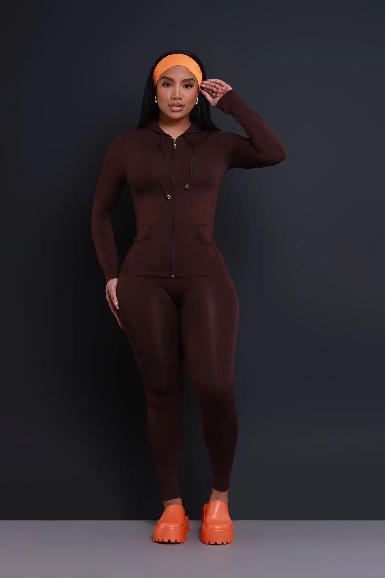 Just Vibing Seamless Zip Up Legging Set - Brown sold by Swankaposh