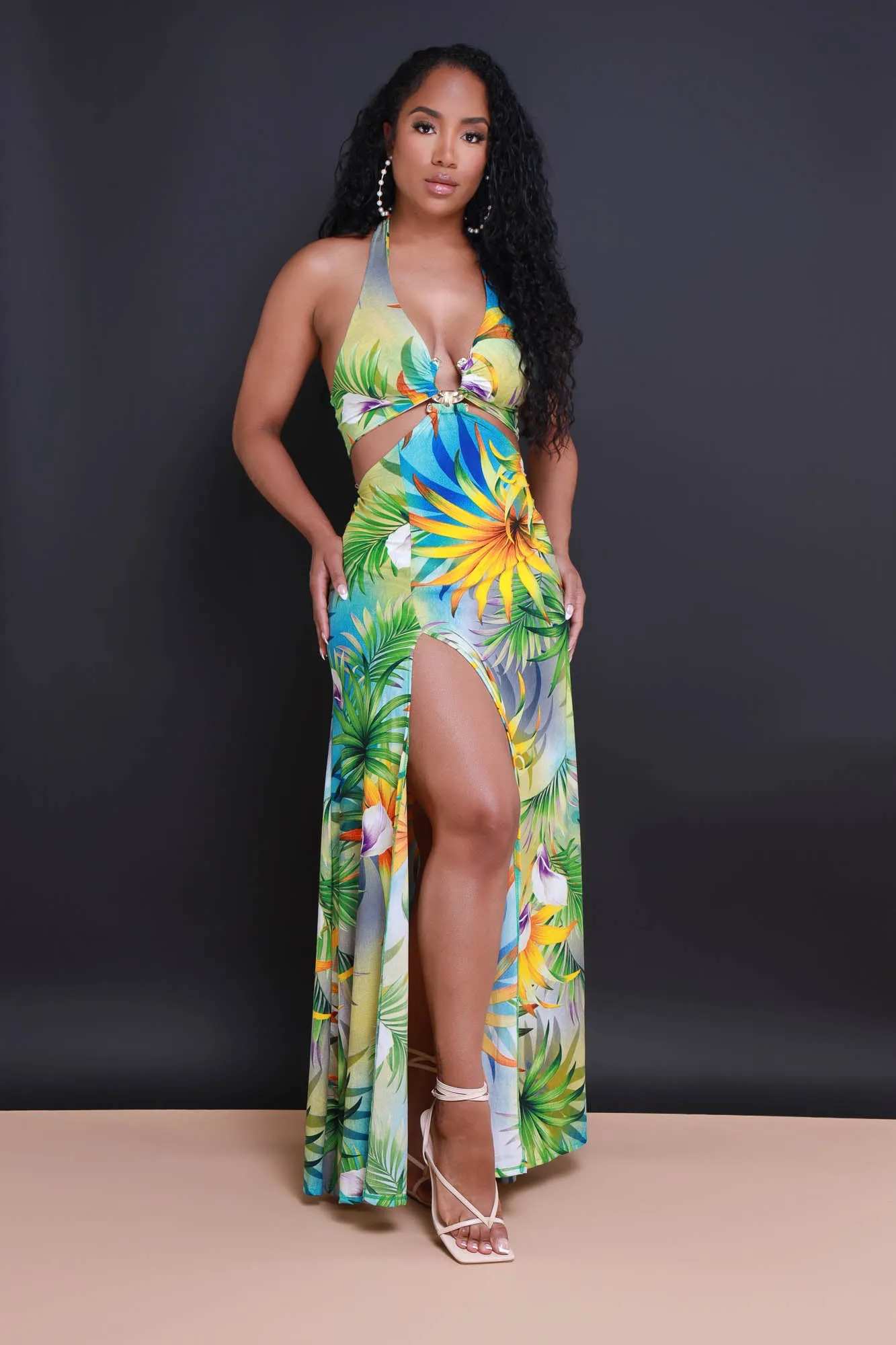 Hot Streak Tropical Print Halter Maxi Dress - Green sold by Swankaposh product image thumbnail 5