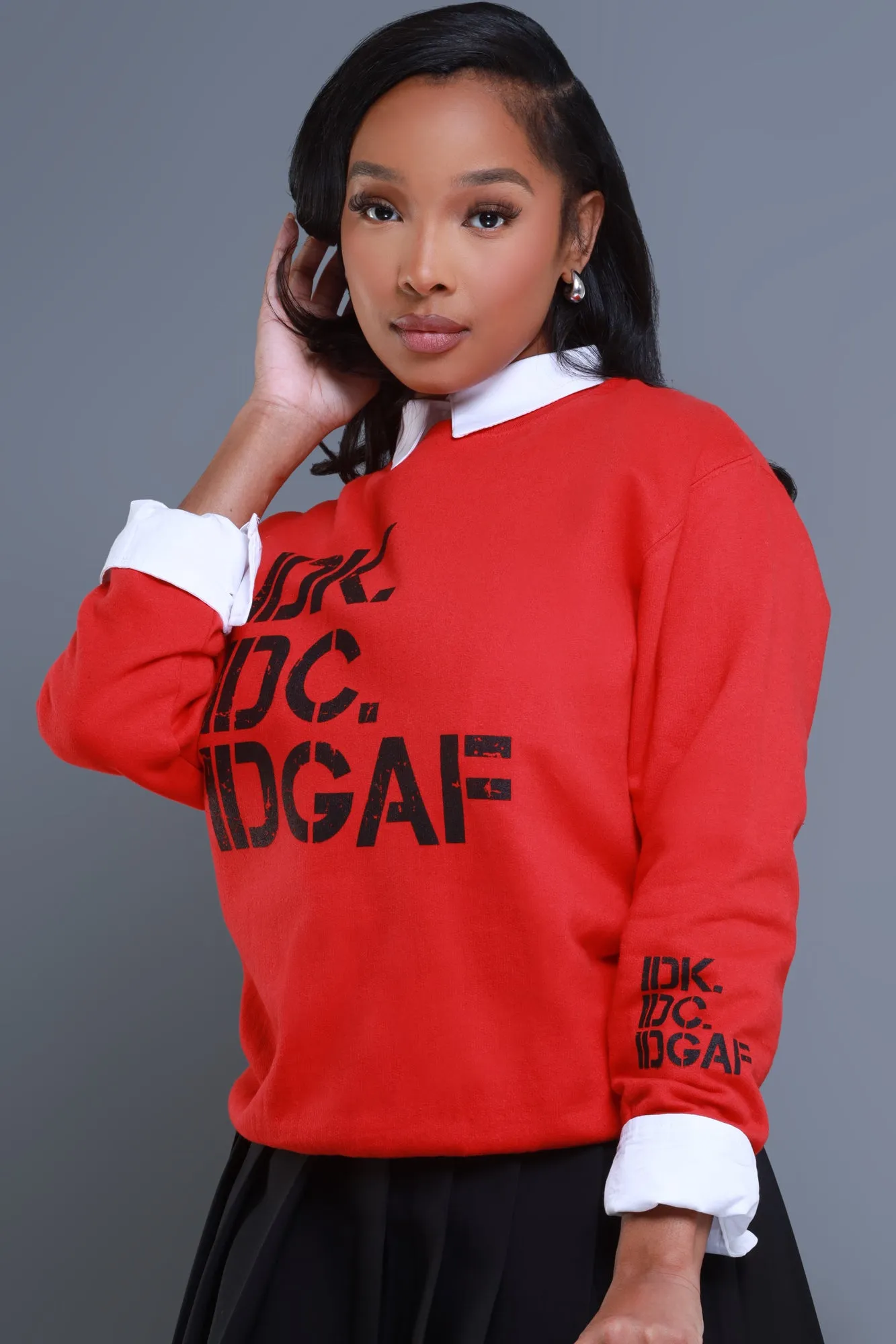 IDK, IDC Graphic Crewneck Sweatshirt - Red/Black sold by Swankaposh
