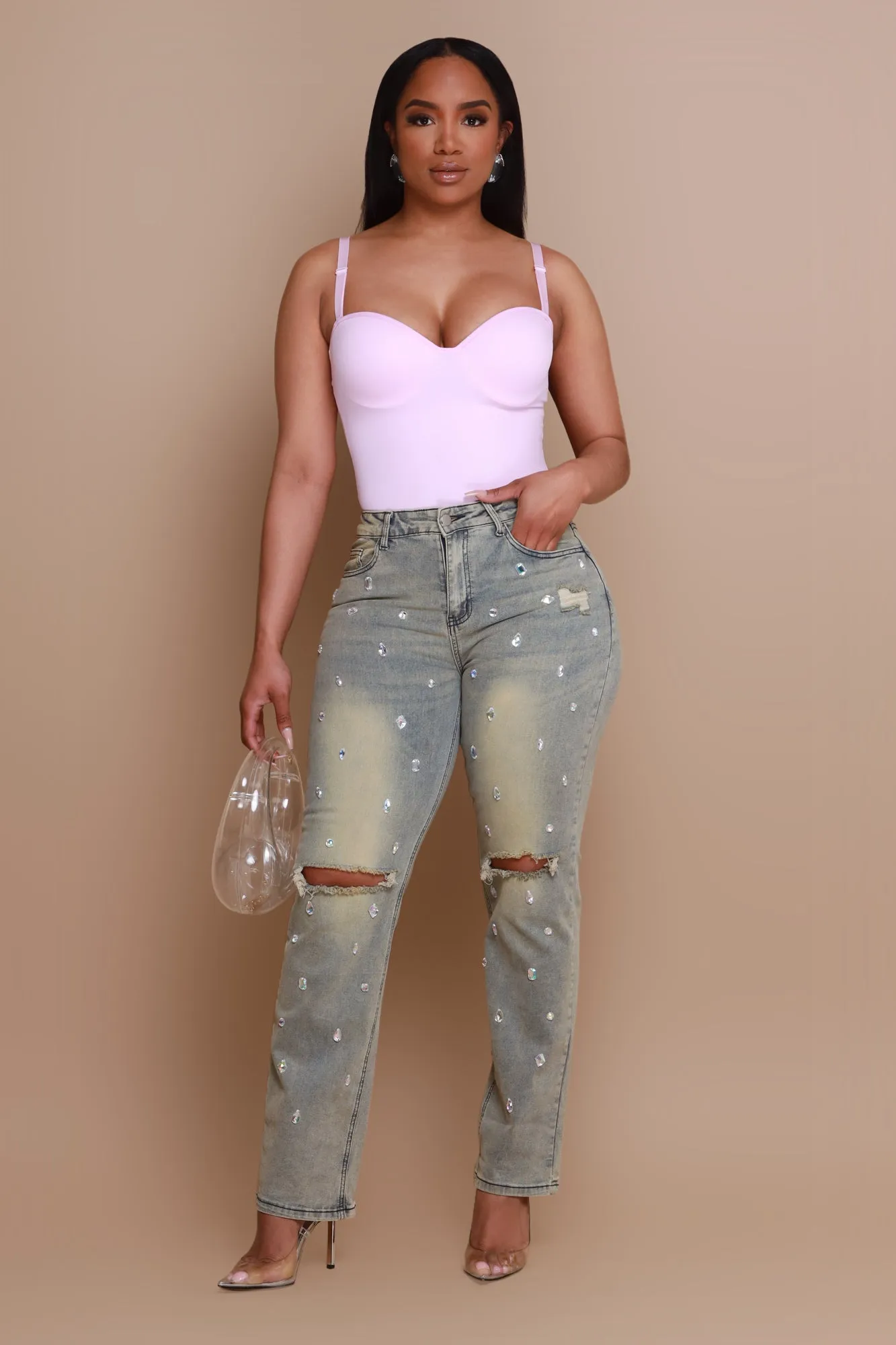 Thunder Rolls Rhinestone Embellished Ripped Jeans - Vintage Wash sold by Swankaposh