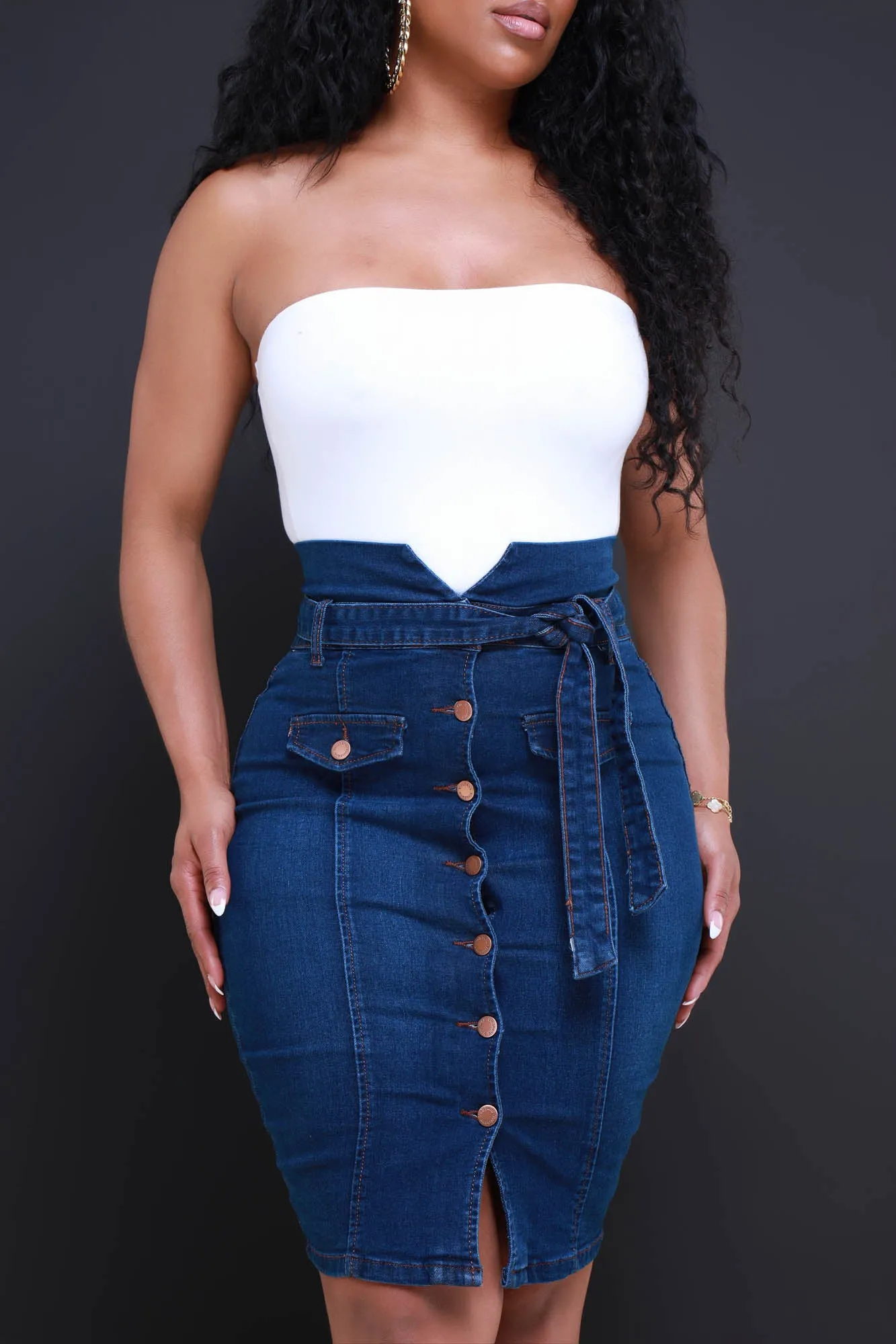 Hard To Love High Rise Button Up Midi Skirt - Dark Wash sold by Swankaposh product image thumbnail 3