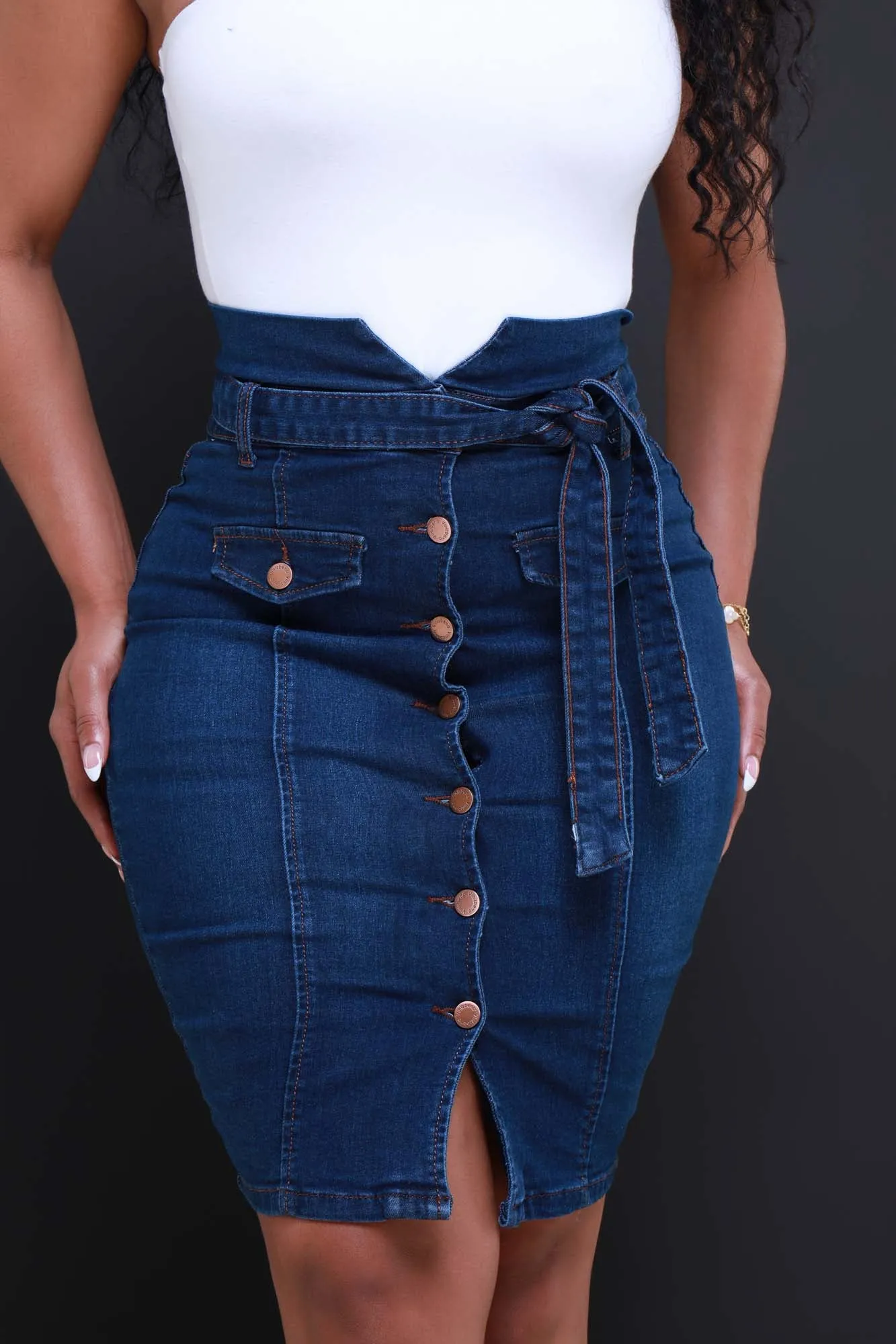 Hard To Love High Rise Button Up Midi Skirt - Dark Wash sold by Swankaposh product image thumbnail 2