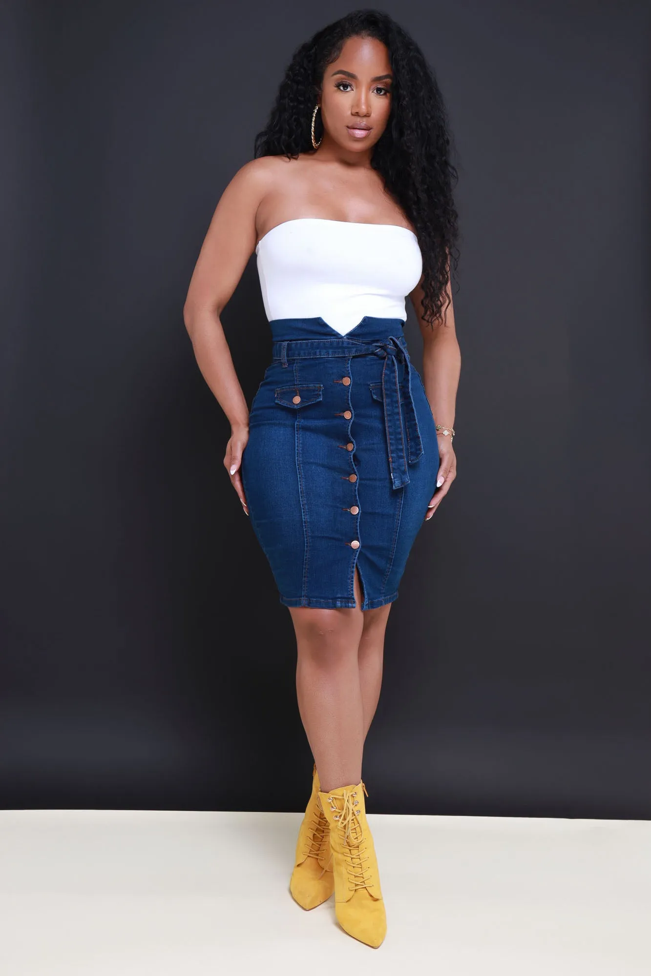 Hard To Love High Rise Button Up Midi Skirt - Dark Wash sold by Swankaposh product image thumbnail 4