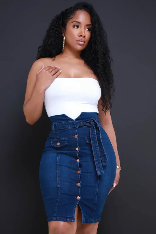 Hard To Love High Rise Button Up Midi Skirt - Dark Wash sold by Swankaposh