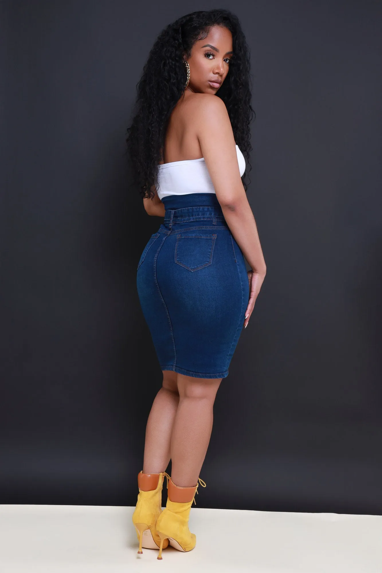 Hard To Love High Rise Button Up Midi Skirt - Dark Wash sold by Swankaposh product image thumbnail 5