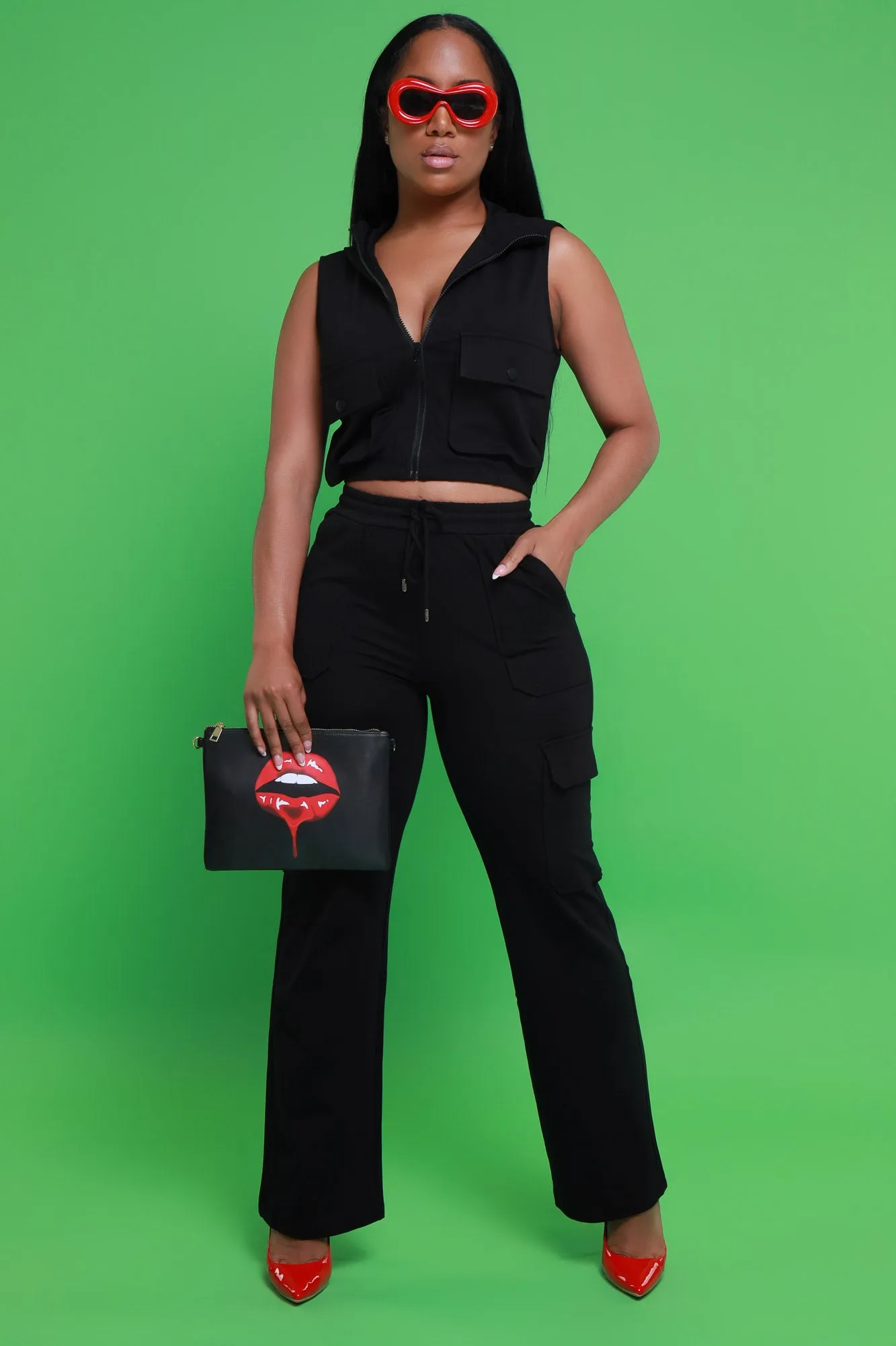 Got Plans Cargo Hooded Vest Pants Set - Black sold by Swankaposh