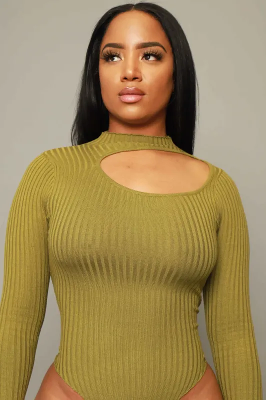 Chat Room Cut Out Turtleneck Knit Bodysuit - Olive sold by Swankaposh