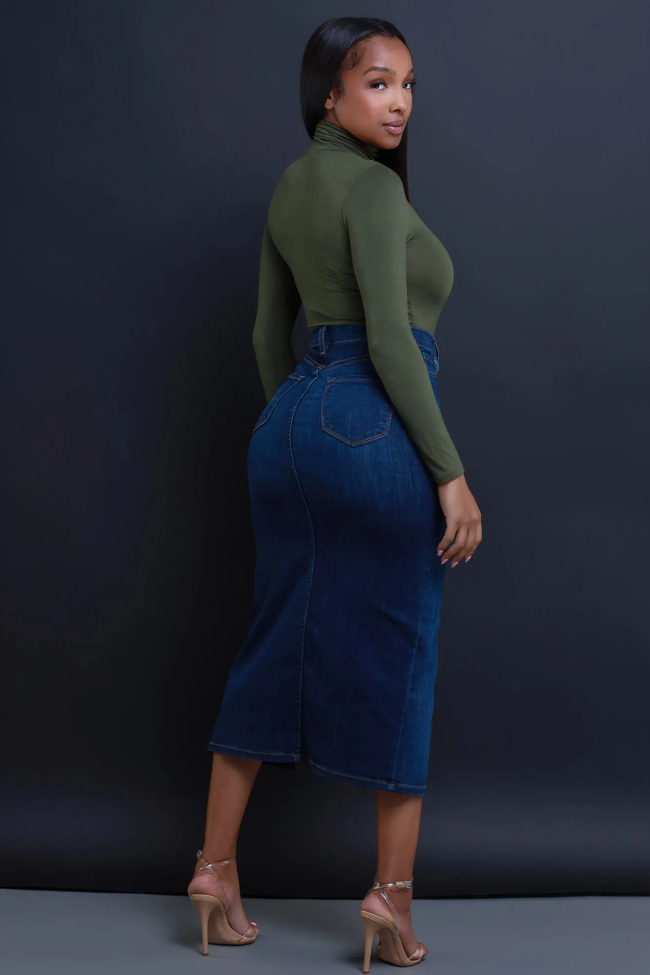 Over My Head High Rise Denim Midi Skirt - Dark Wash sold by Swankaposh product image thumbnail 4