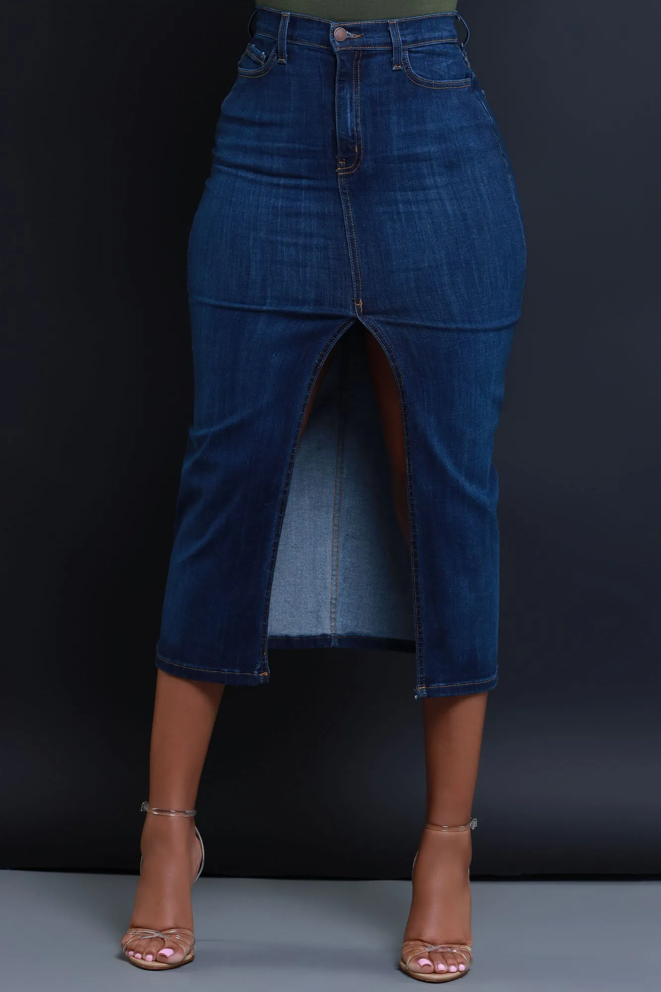 Over My Head High Rise Denim Midi Skirt - Dark Wash sold by Swankaposh product image thumbnail 2
