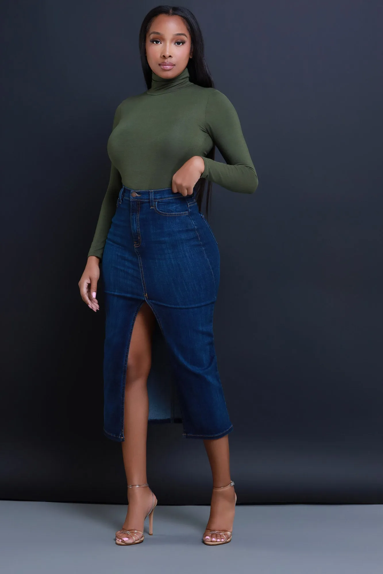 Over My Head High Rise Denim Midi Skirt - Dark Wash sold by Swankaposh product image thumbnail 5