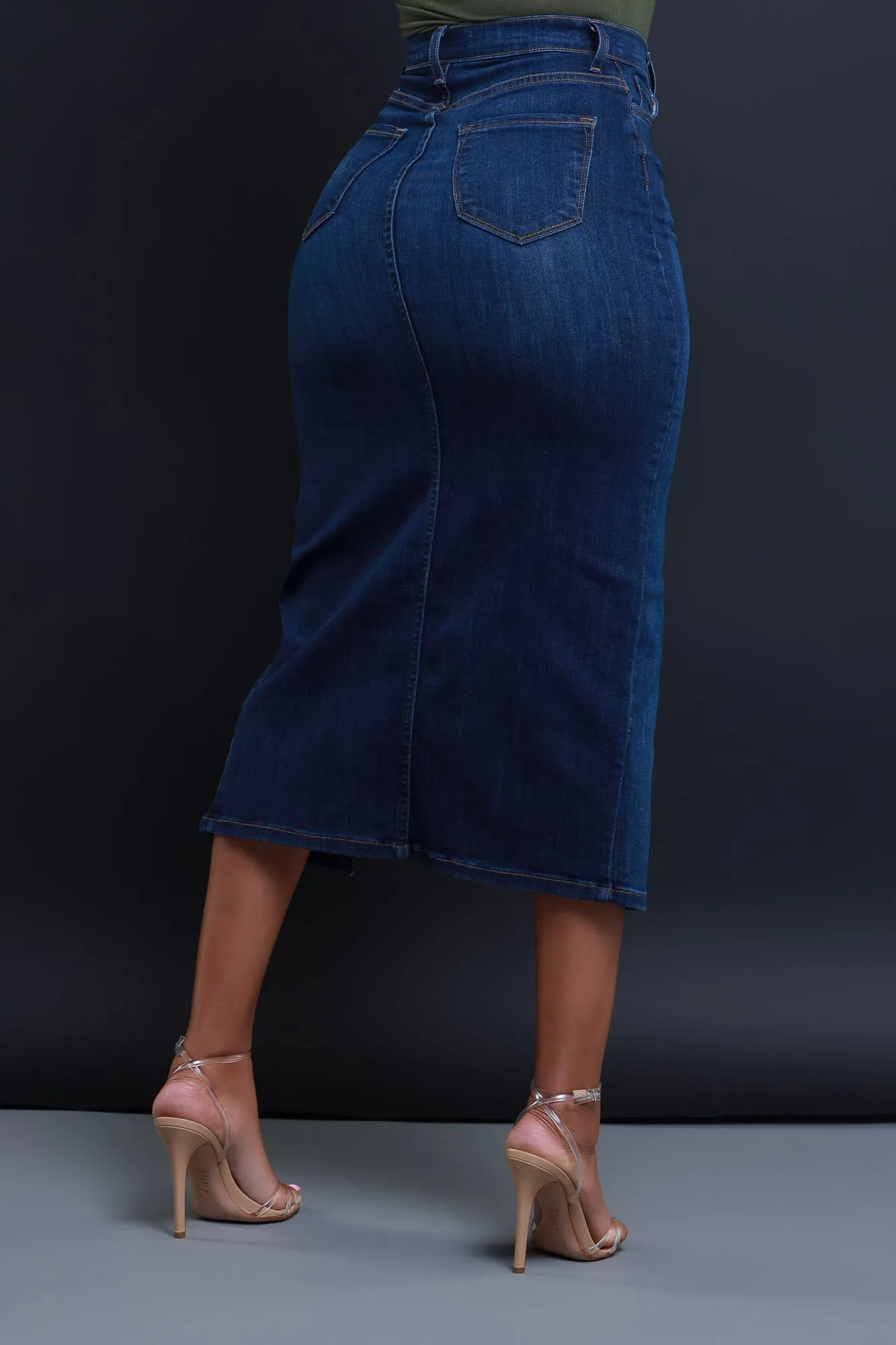 Over My Head High Rise Denim Midi Skirt - Dark Wash sold by Swankaposh product image thumbnail 3