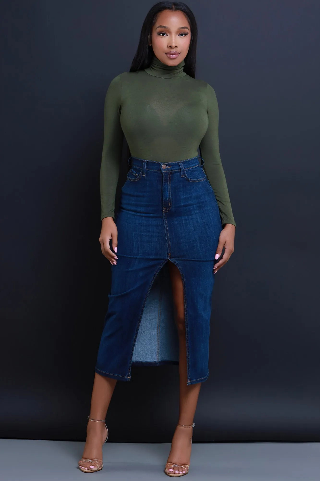 Over My Head High Rise Denim Midi Skirt - Dark Wash sold by Swankaposh