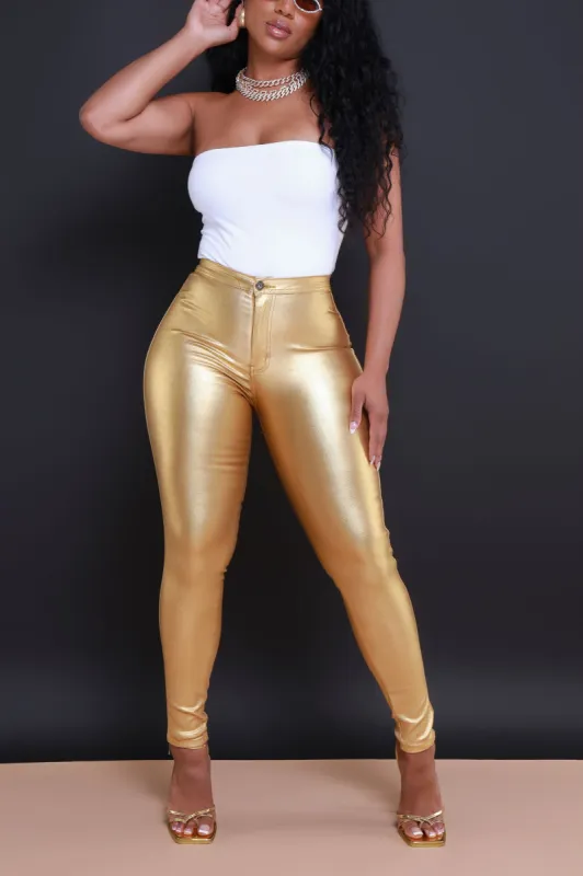 Coming In Hot High Rise Metallic Skinny Pants - 24k Gold sold by Swankaposh