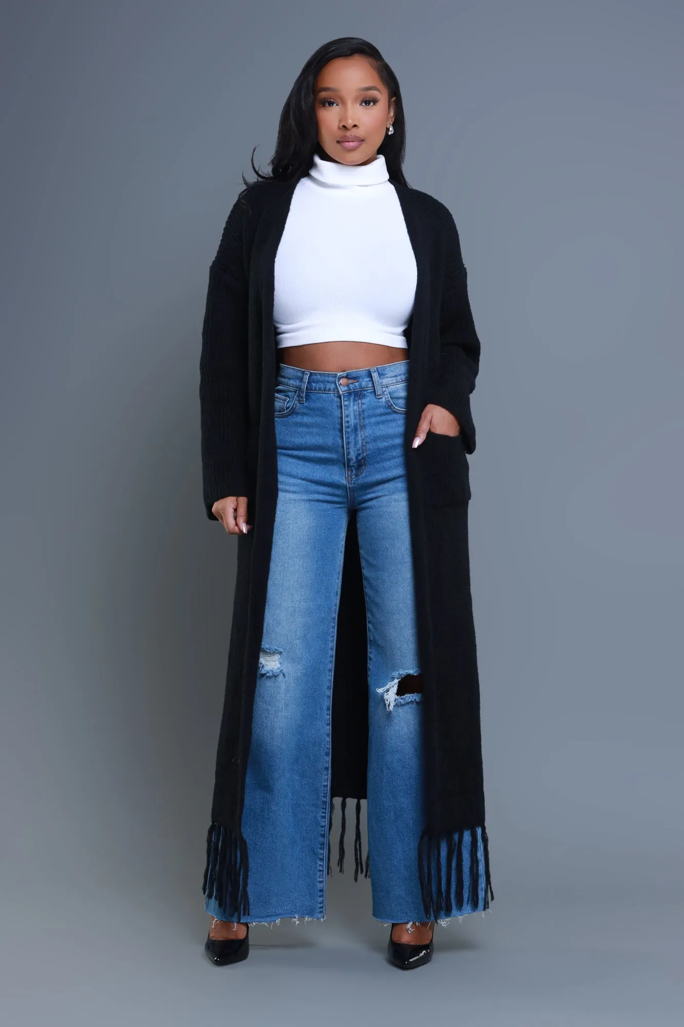 Twin Flame Longline Fringe Cardigan - Black sold by Swankaposh product image thumbnail 4