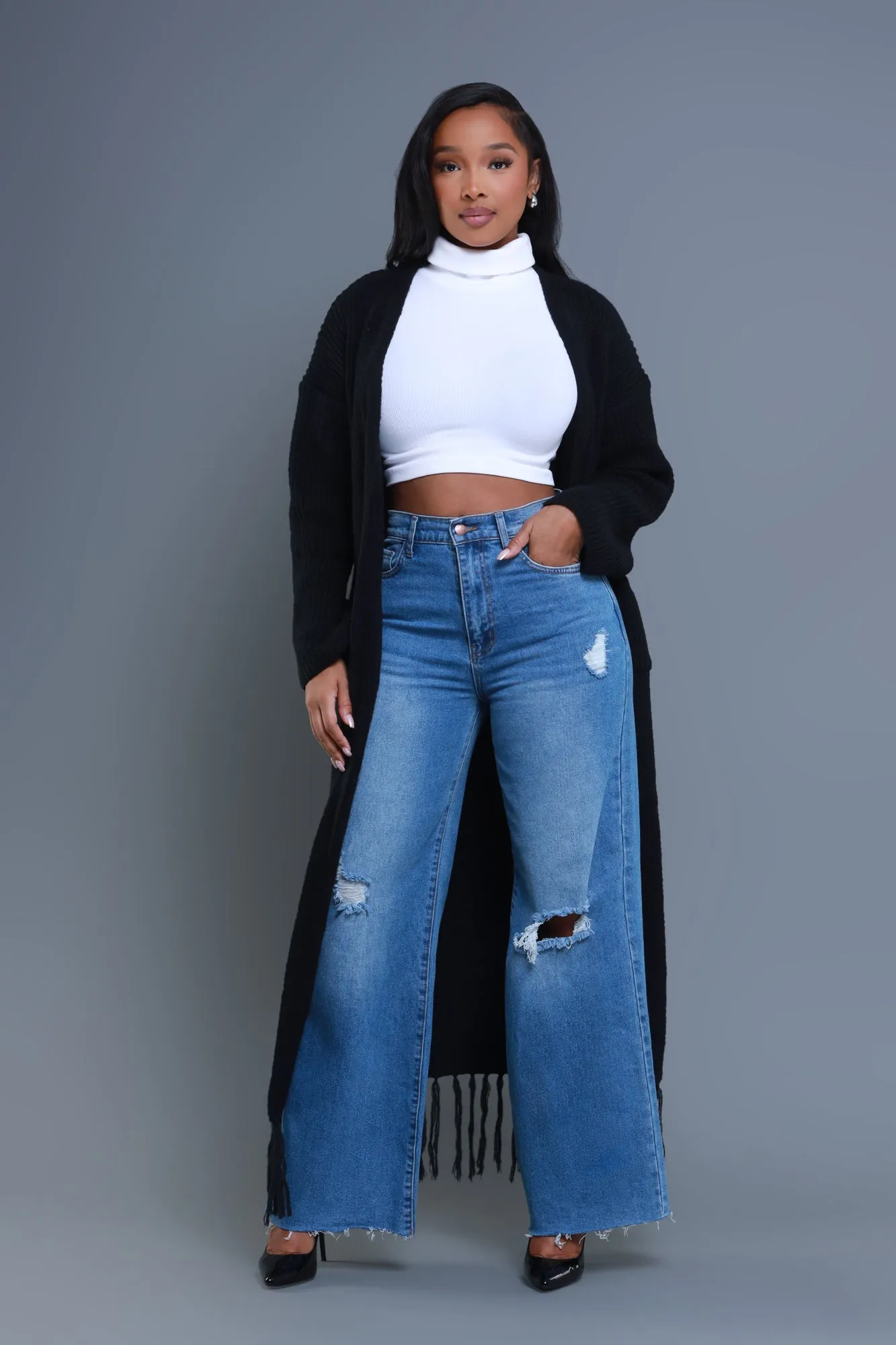 Twin Flame Longline Fringe Cardigan - Black sold by Swankaposh product image thumbnail 2