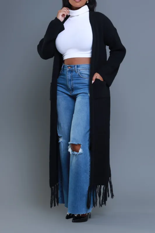 Twin Flame Longline Fringe Cardigan - Black sold by Swankaposh