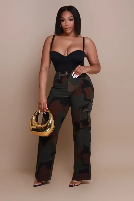 Left, Right, Left High Rise Cargo Jeans - Olive Camouflage sold by Swankaposh