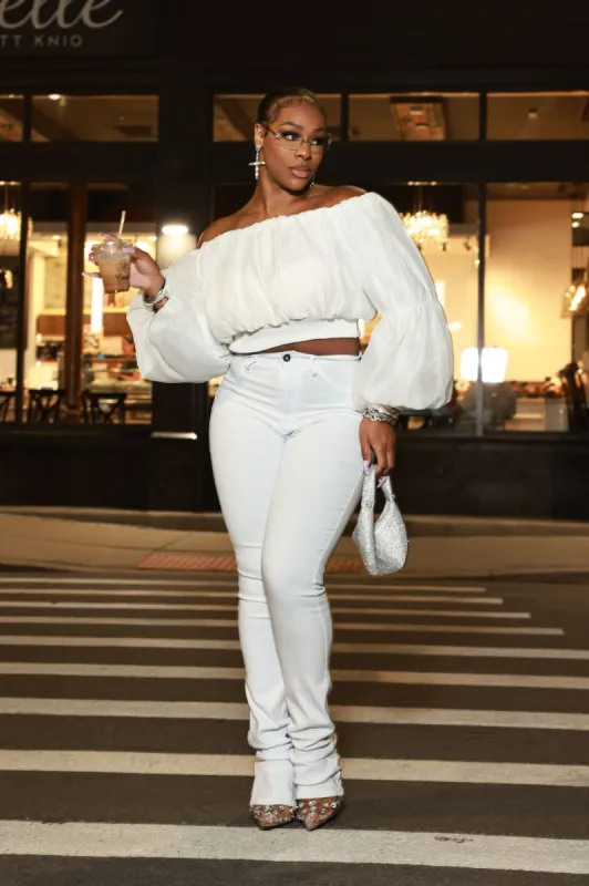 Right Call High Rise Stacked Flare Jeans - White sold by Swankaposh