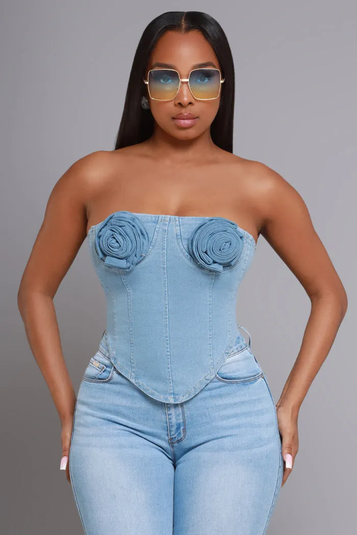 Get Your Flowers Denim Corset Top - Light Wash sold by Swankaposh product image thumbnail 3