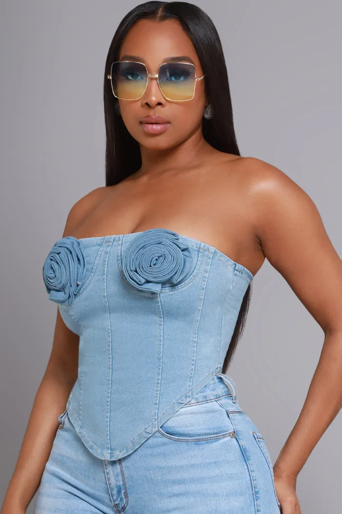 Get Your Flowers Denim Corset Top - Light Wash sold by Swankaposh product image thumbnail 5