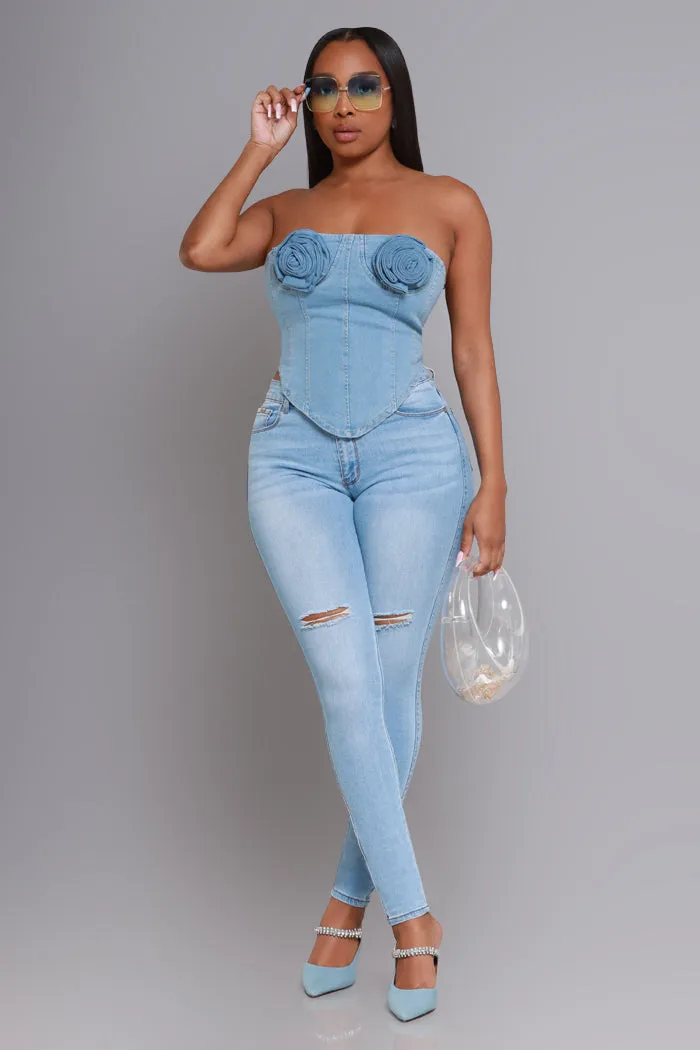 Get Your Flowers Denim Corset Top - Light Wash sold by Swankaposh product image thumbnail 2