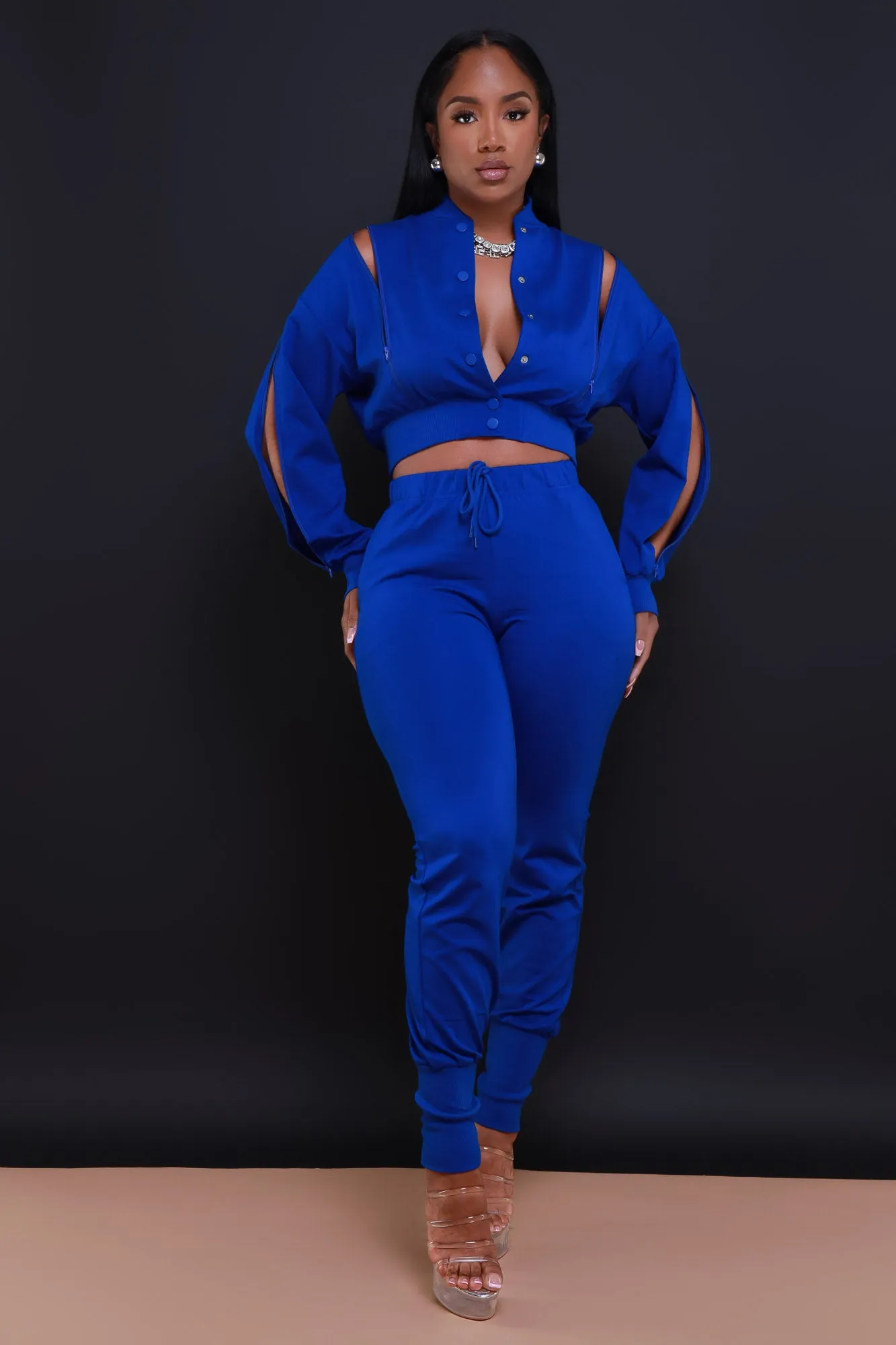Top Priority Zippered Cropped Jogger Set - Royal Blue sold by Swankaposh