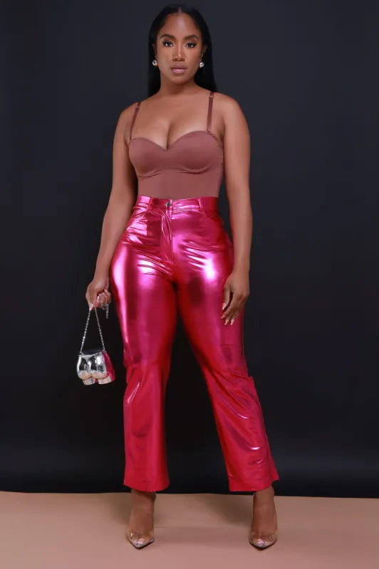 Hot Tonight High Rise Shiny Metallic Pants - Pink sold by Swankaposh