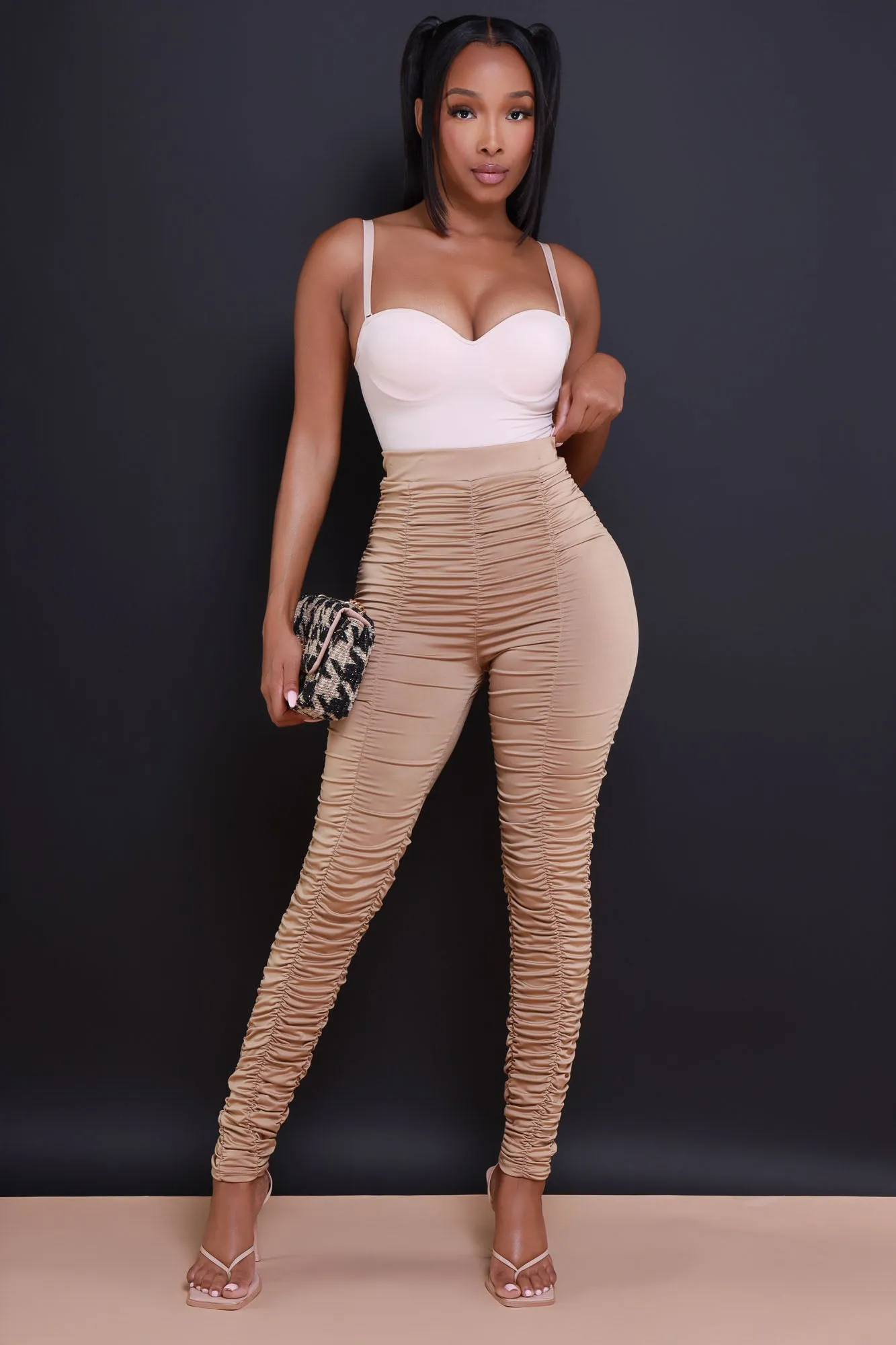 Be Honest Ruched High Waist Pants - Champagne Stretch Leggings sold by Swankaposh