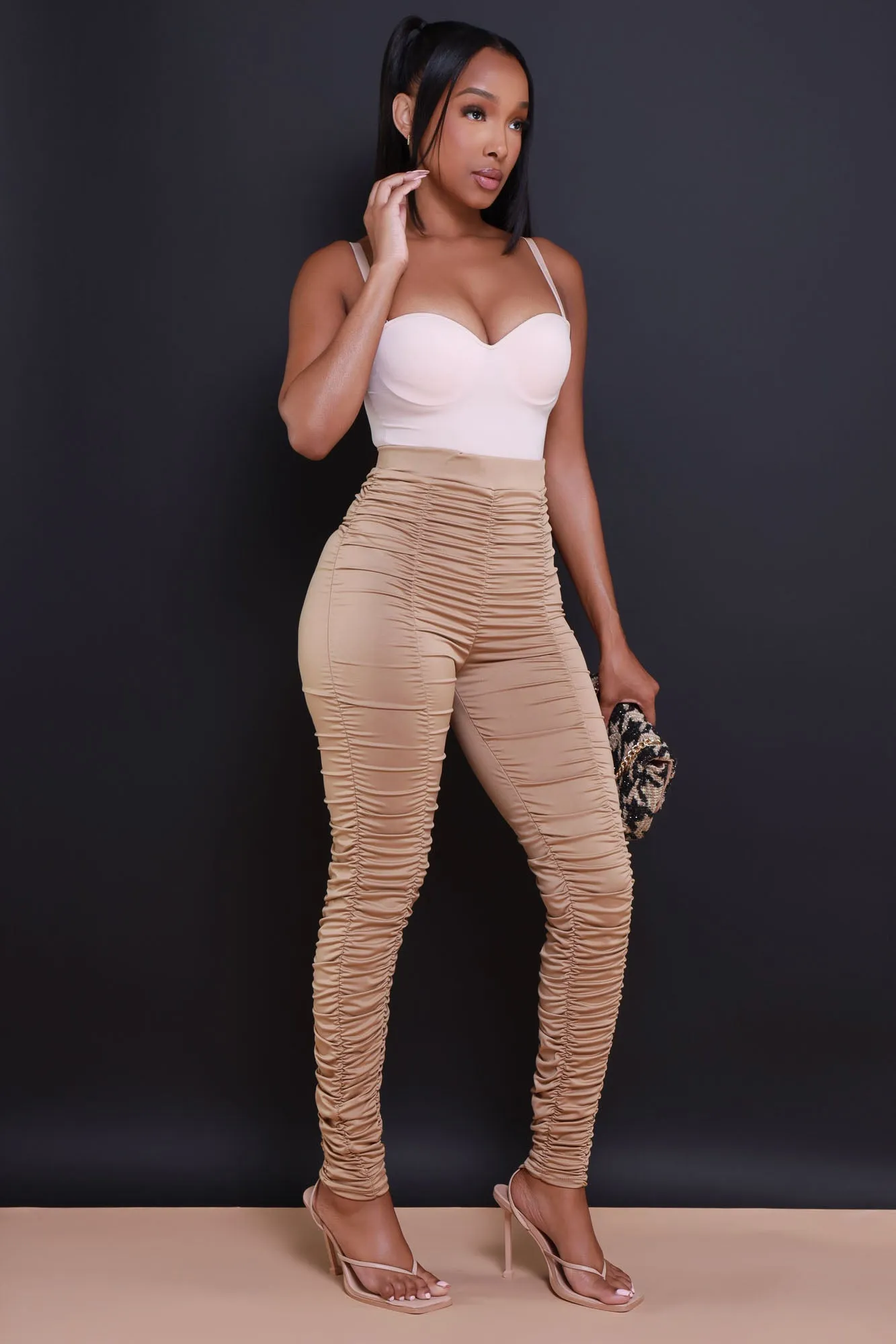 Be Honest Ruched High Waist Pants - Champagne Stretch Leggings sold by Swankaposh product image thumbnail 5