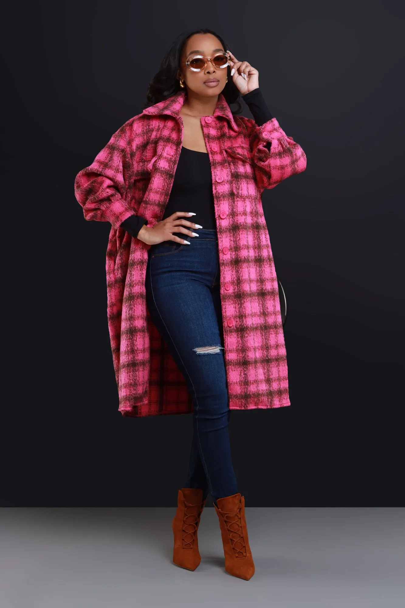 Stick With Me Oversized Flannel Coat - Pink sold by Swankaposh