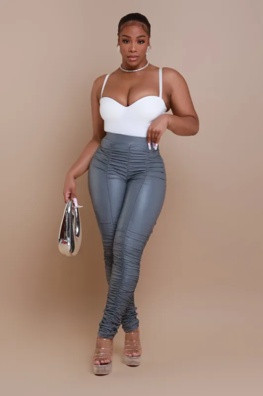 Be Honest Ruched High Waist Pants - Charcoal Gray Faux Leather Leggings sold by Swankaposh