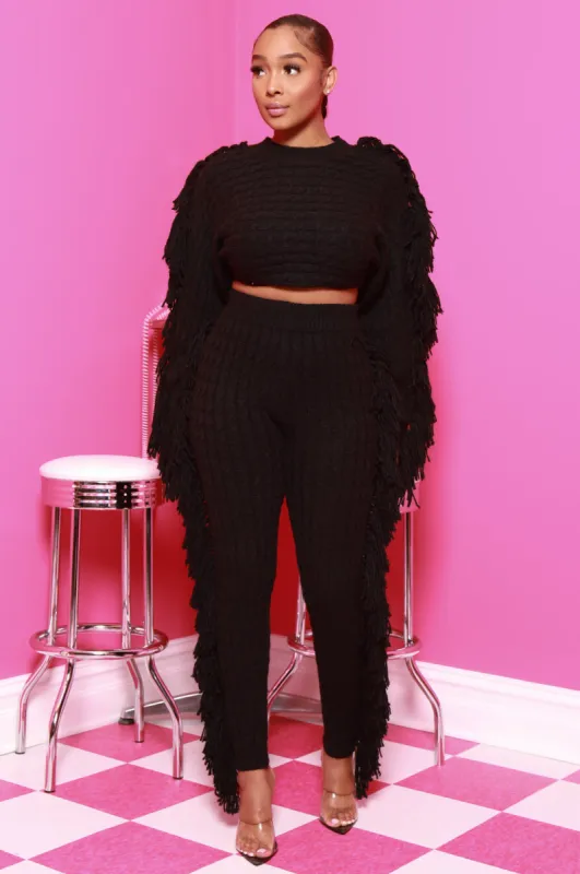 Calm Thick Knit Fringe Pants Set - Black sold by Swankaposh