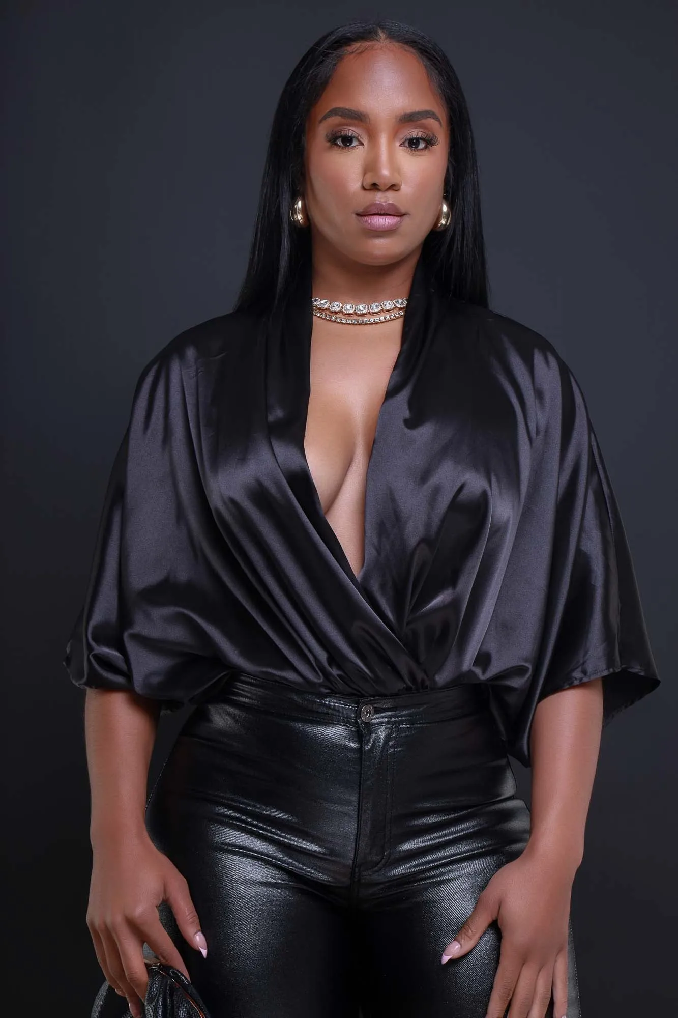 Unity Satin Draped Oversized Blouse - Black sold by Swankaposh