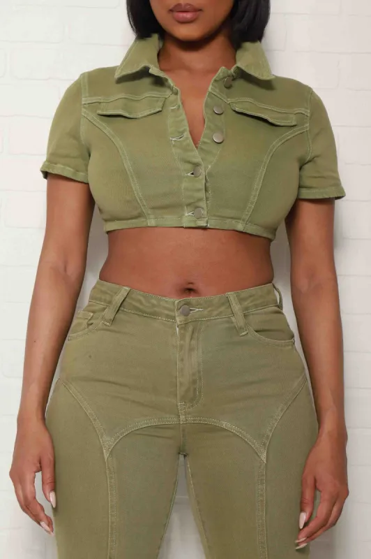 On The Daily Cropped Button Up Top - Olive sold by Swankaposh