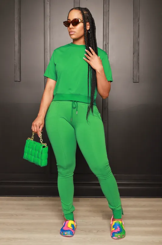 Unveiled Reverse Zip Short Sleeve Pants Set - Green sold by Swankaposh