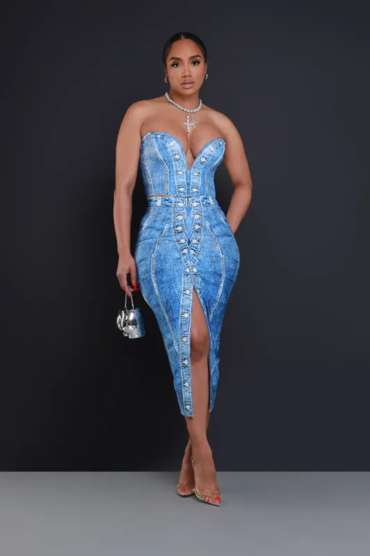 Lucky Me Denim Print Corset Skirt Set - Blue sold by Swankaposh