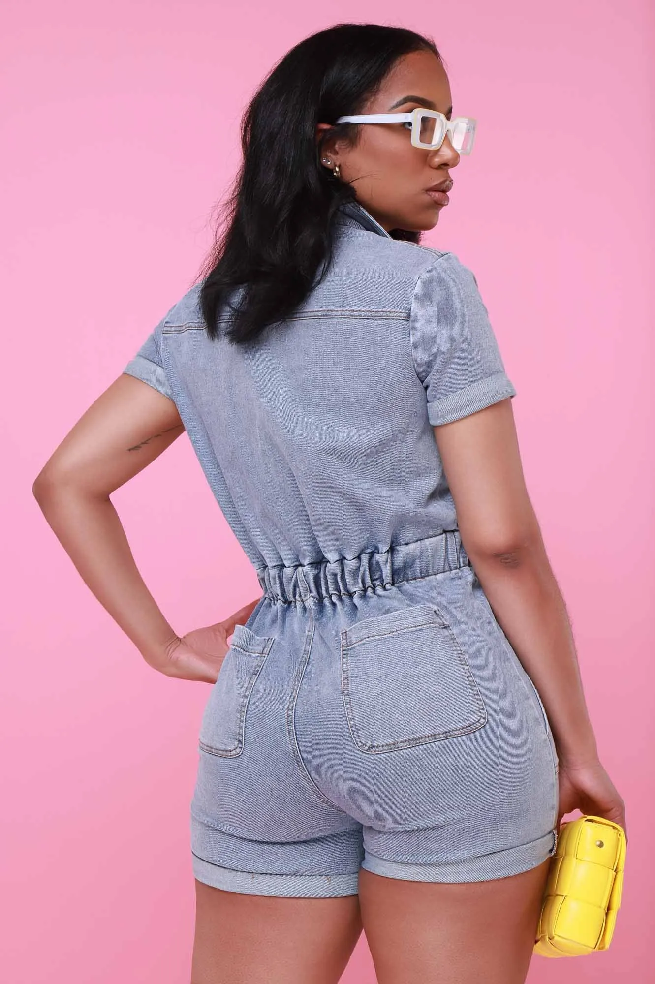 Look At Me Now Short Sleeve Denim Romper - Light Wash sold by Swankaposh product image thumbnail 3