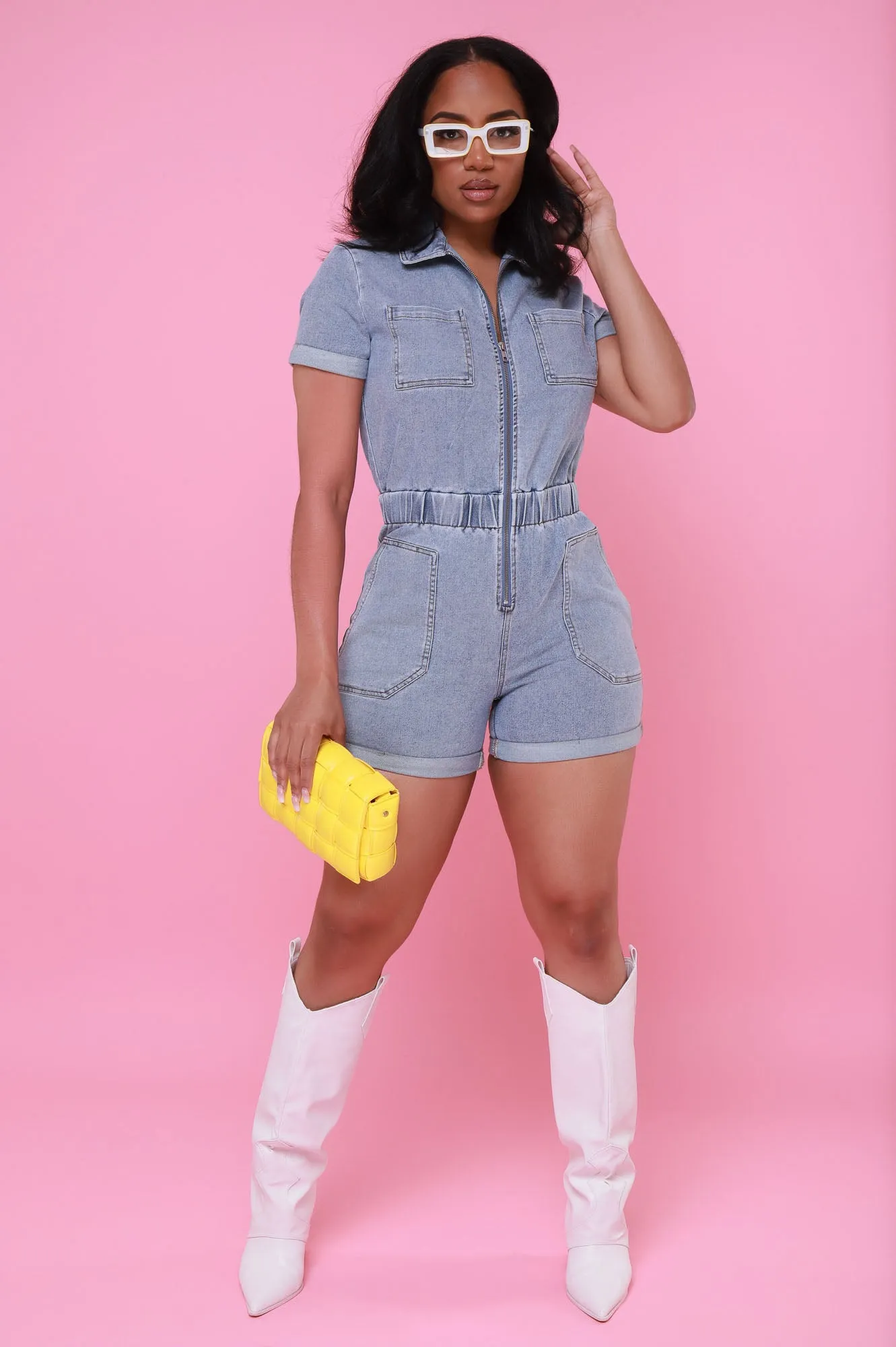 Look At Me Now Short Sleeve Denim Romper - Light Wash sold by Swankaposh