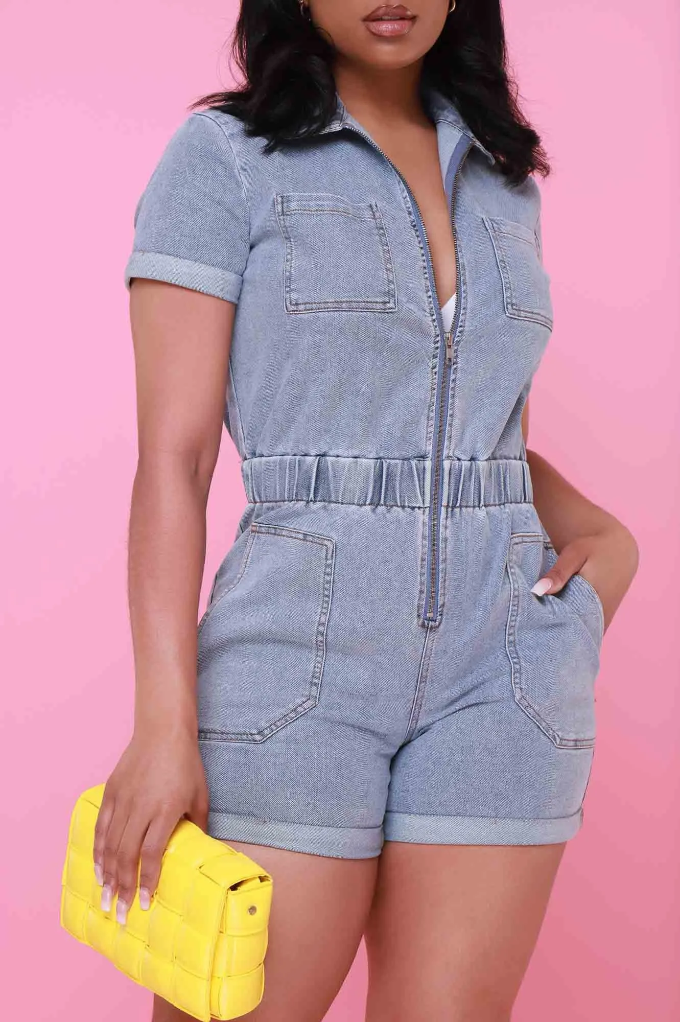 Look At Me Now Short Sleeve Denim Romper - Light Wash sold by Swankaposh product image thumbnail 2