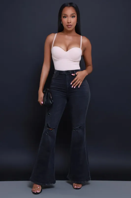 First To Go High Rise Super Flare Jeans - Dark Grey Wash sold by Swankaposh