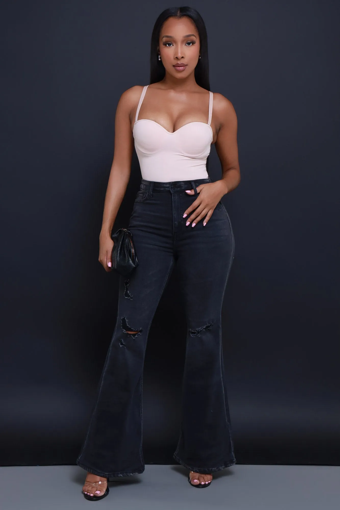 First To Go High Rise Super Flare Jeans - Dark Grey Wash sold by Swankaposh