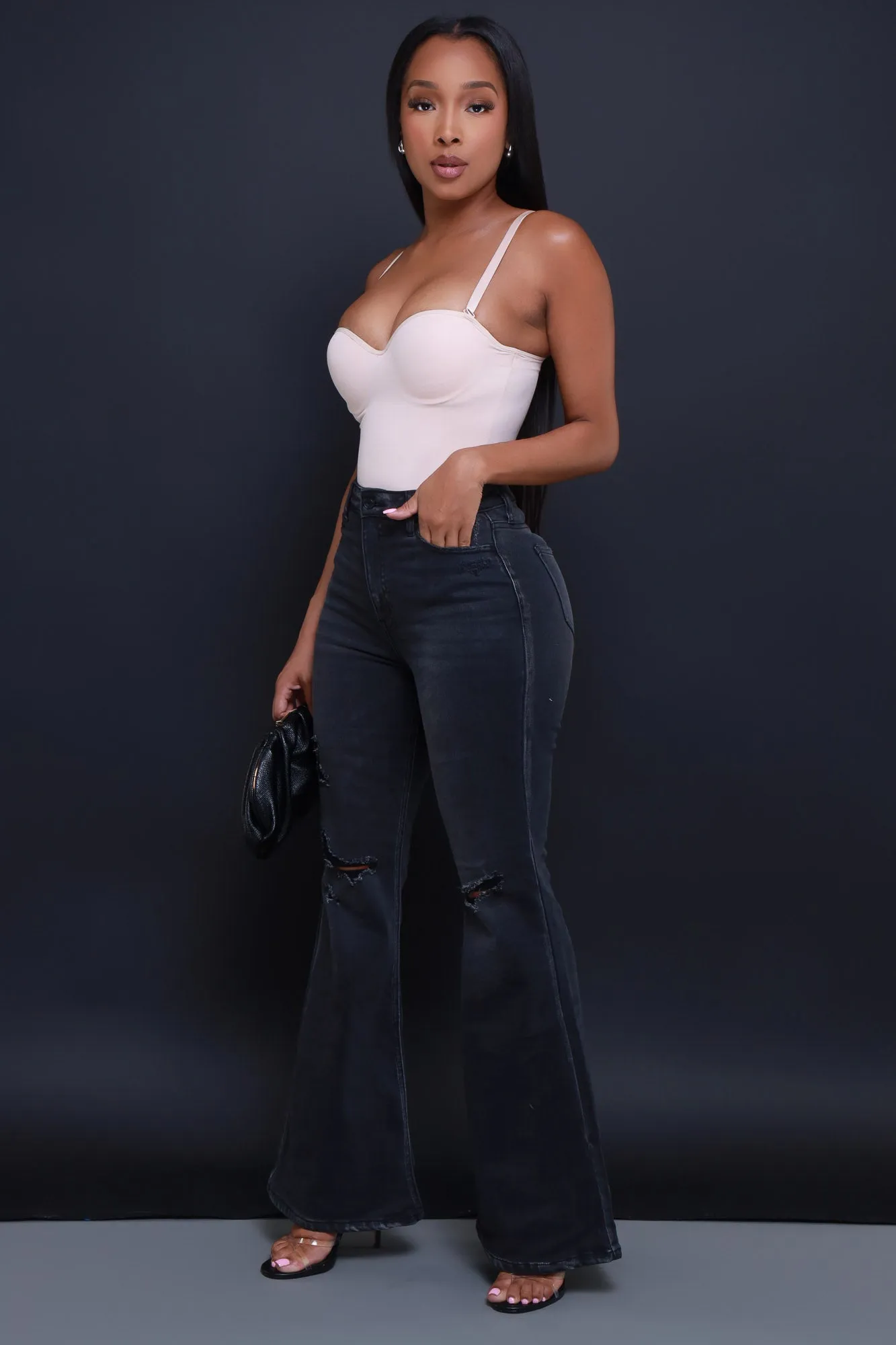 First To Go High Rise Super Flare Jeans - Dark Grey Wash sold by Swankaposh product image thumbnail 5