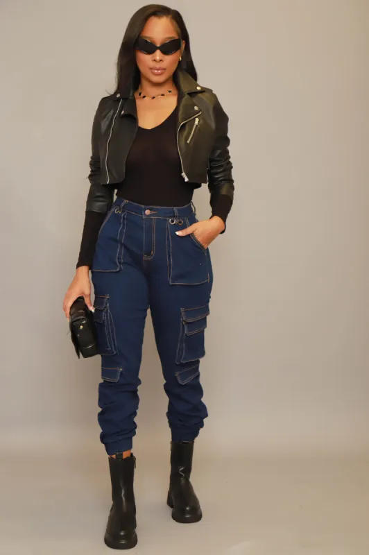 Big Mad High Rise Utility Denim Joggers - Dark Wash sold by Swankaposh