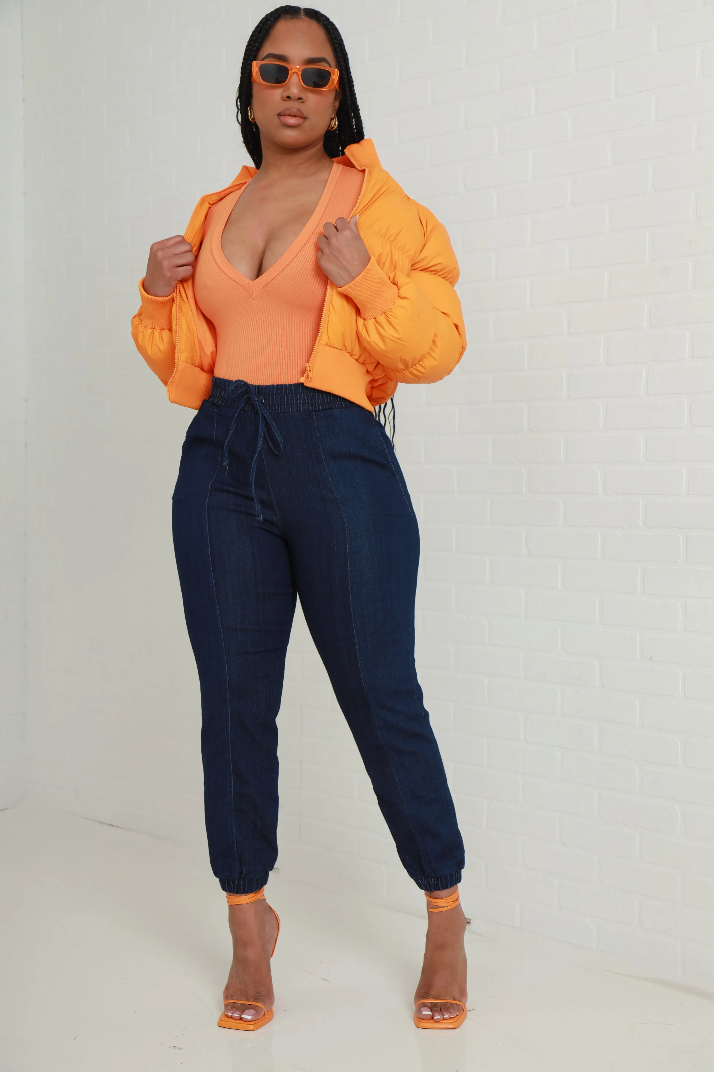 Two Seater High Rise Denim Joggers - Dark Wash sold by Swankaposh